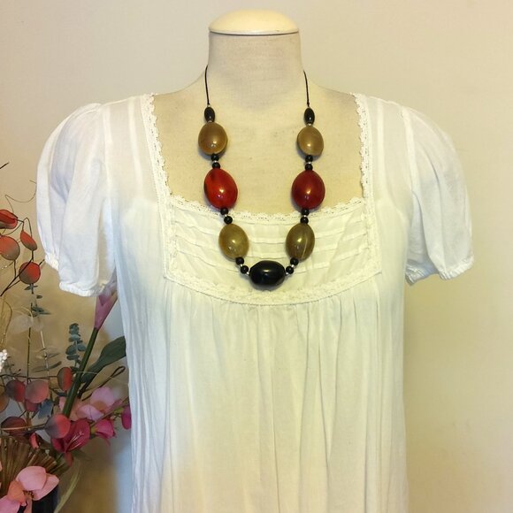 Vintage NEW sandwich jewellery Red Black Beige Oval Beads VTG Art Deco Necklace - Picture 7 of 7